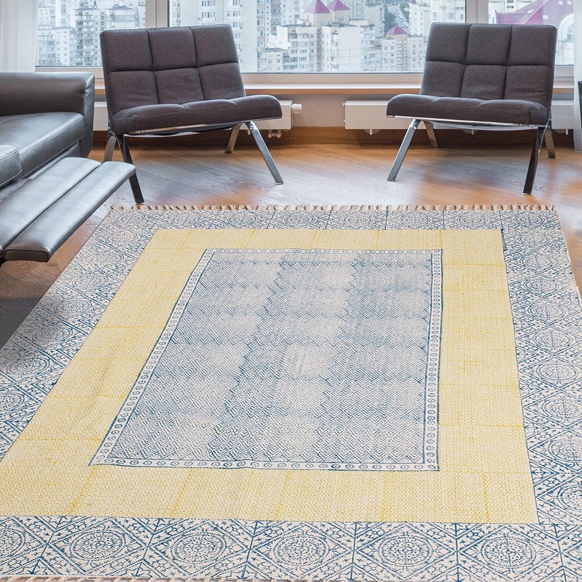 Bordered Hand Block Print Work Blue Yellow Dining Hall Cotton Rug - Indian Rug Store