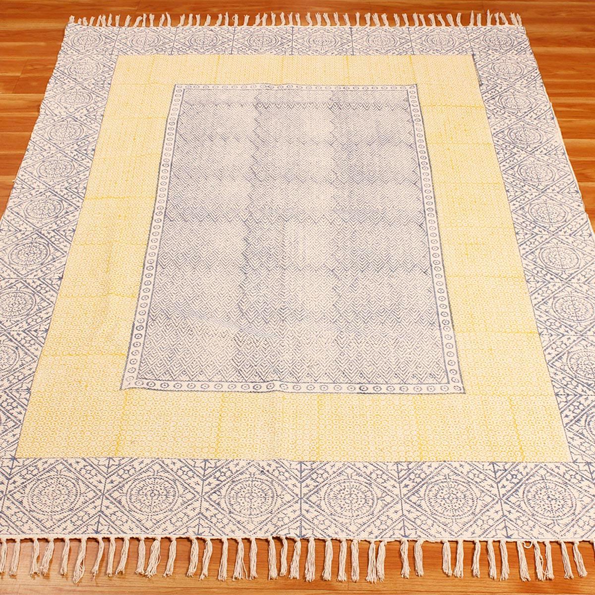 Bordered Hand Block Print Work Blue Yellow Dining Hall Cotton Rug - Indian Rug Store