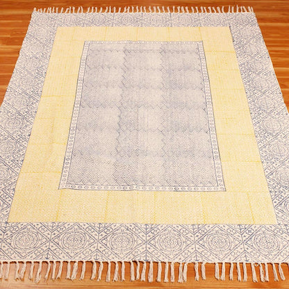 Bordered Hand Block Print Work Blue Yellow Dining Hall Cotton Rug - Indian Rug Store