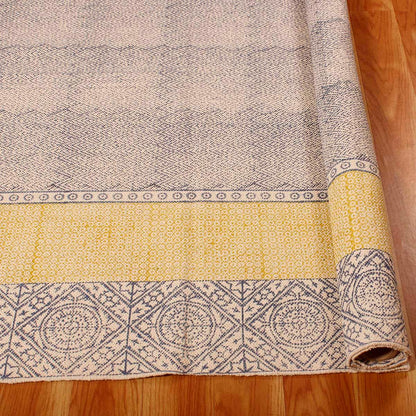 Bordered Hand Block Print Work Blue Yellow Dining Hall Cotton Rug - Indian Rug Store