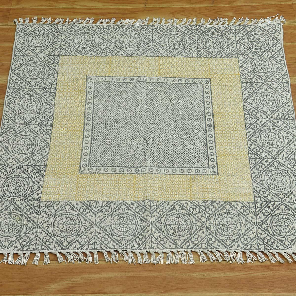 Bordered Hand Block Print Work Gray Yellow Dining Hall Cotton Rug - Indian Rug Store