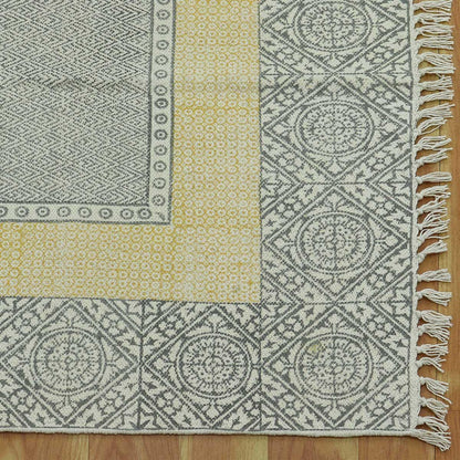 Bordered Hand Block Print Work Gray Yellow Dining Hall Cotton Rug - Indian Rug Store