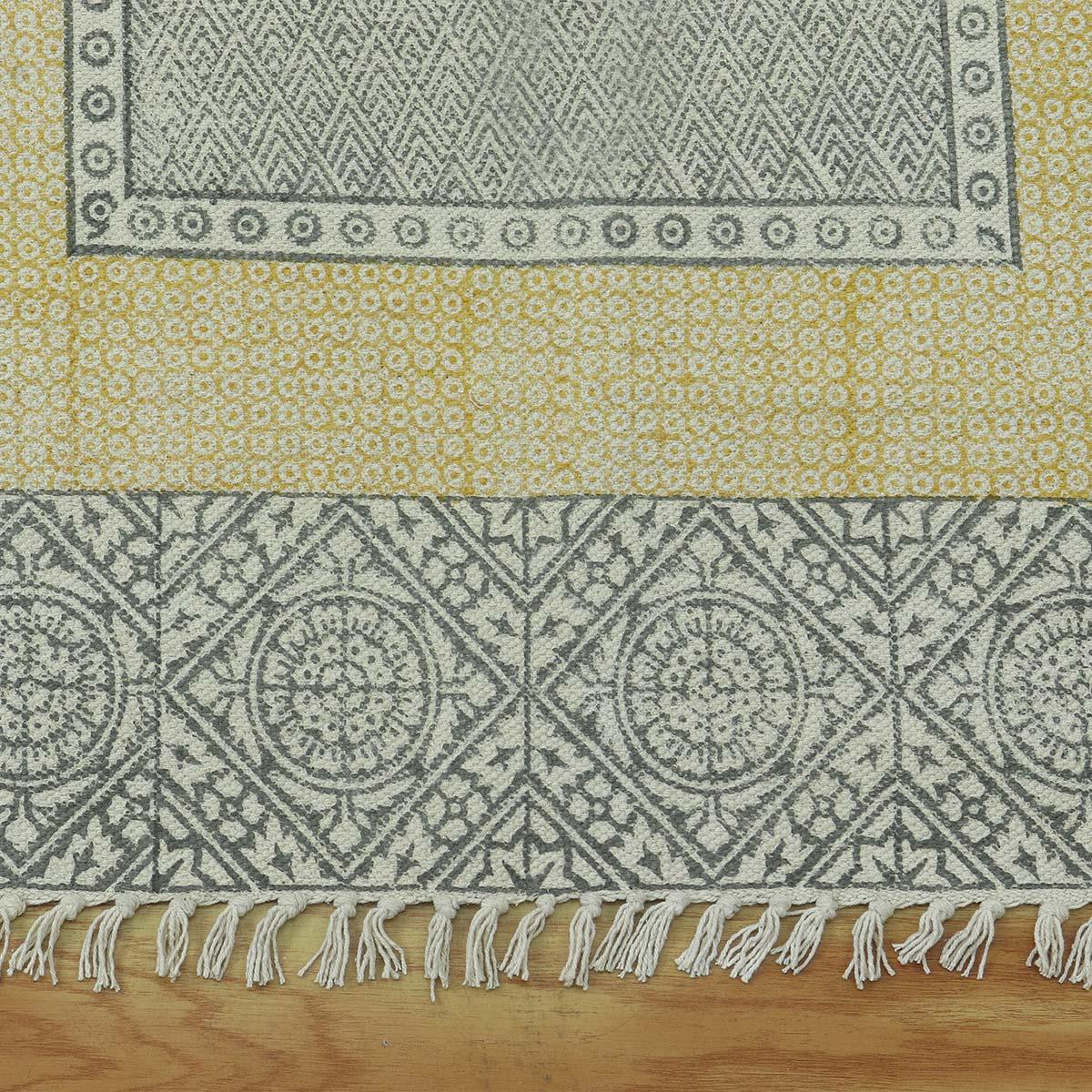 Bordered Hand Block Print Work Gray Yellow Dining Hall Cotton Rug - Indian Rug Store