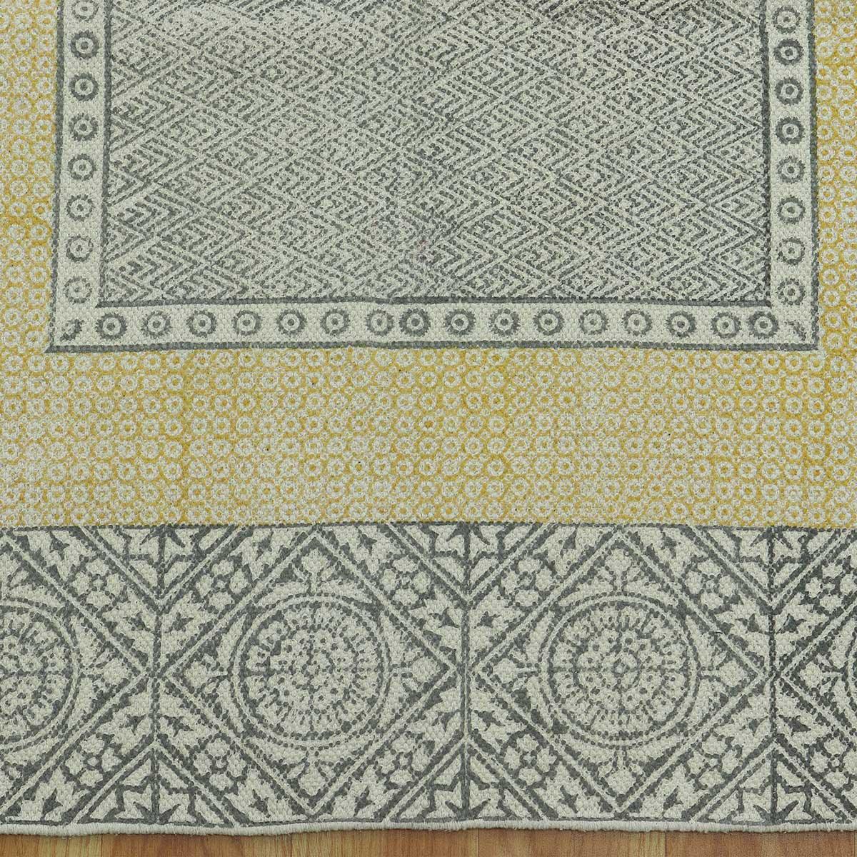 Bordered Hand Block Print Work Gray Yellow Dining Hall Cotton Rug - Indian Rug Store