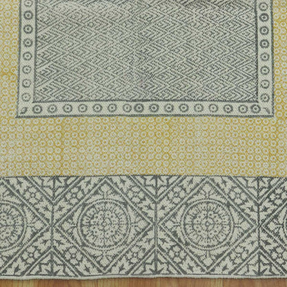 Bordered Hand Block Print Work Gray Yellow Dining Hall Cotton Rug - Indian Rug Store