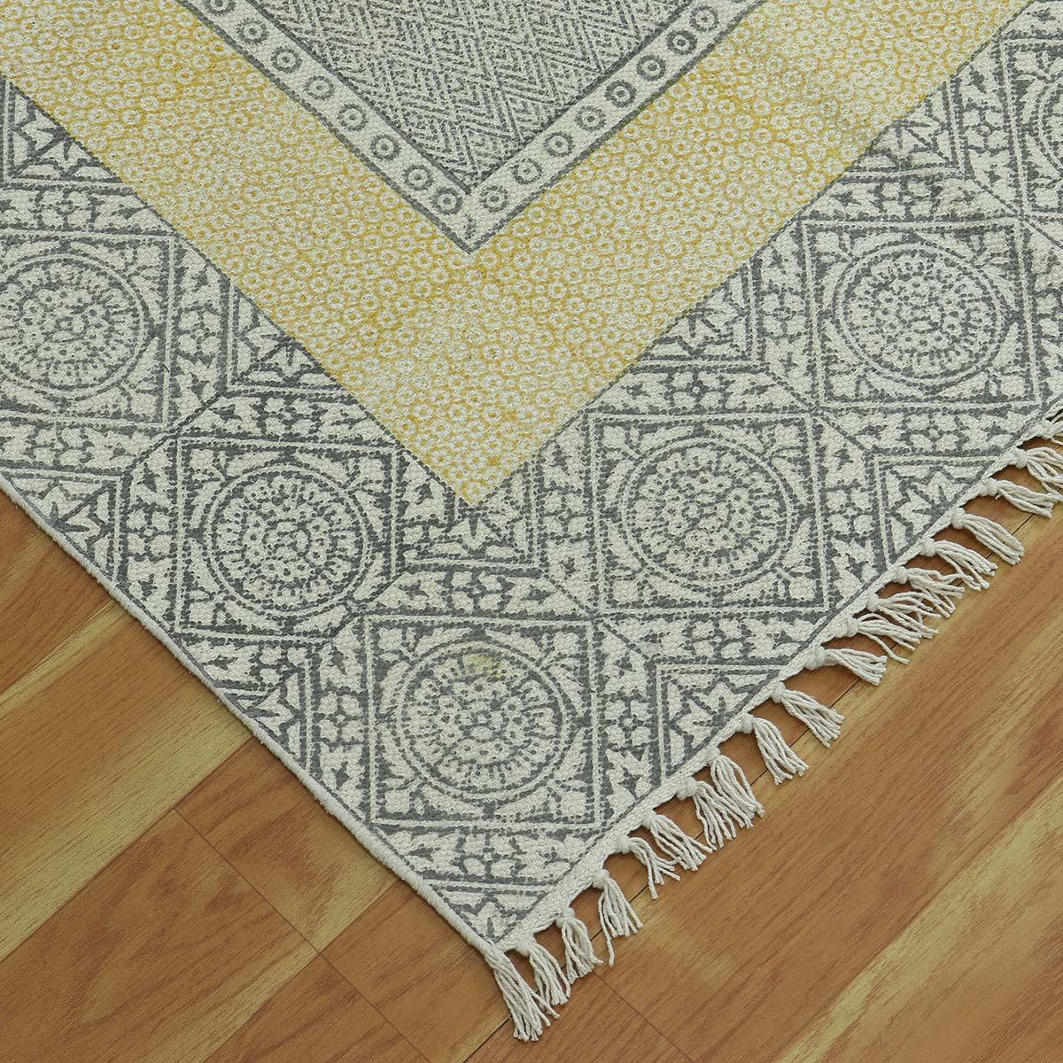 Bordered Hand Block Print Work Gray Yellow Dining Hall Cotton Rug - Indian Rug Store