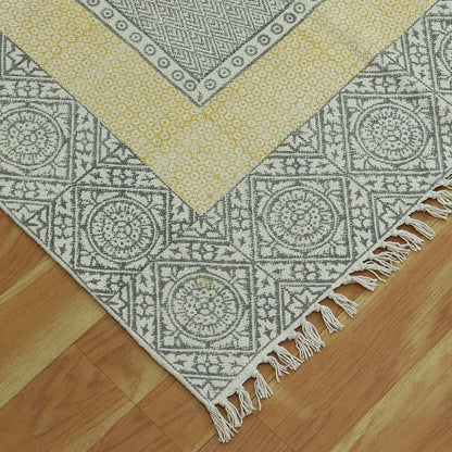 Bordered Hand Block Print Work Gray Yellow Dining Hall Cotton Rug - Indian Rug Store