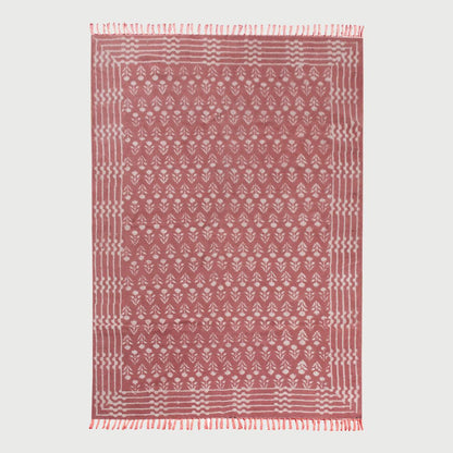 Bordered Hand Block Print Work Maroon Beige Dining Hall Cotton Rug - Indian Rug Store