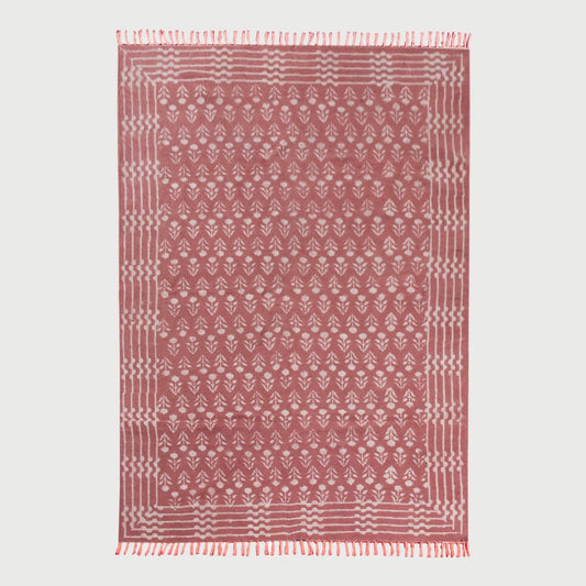 Bordered Hand Block Print Work Maroon Beige Dining Hall Cotton Rug - Indian Rug Store