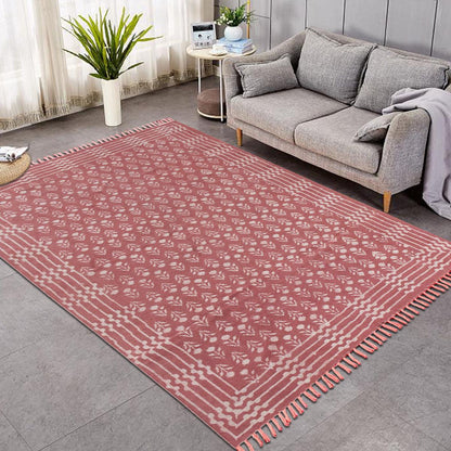 Bordered Hand Block Print Work Maroon Beige Dining Hall Cotton Rug - Indian Rug Store