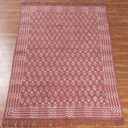 Bordered Hand Block Print Work Maroon Beige Dining Hall Cotton Rug - Indian Rug Store