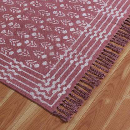 Bordered Hand Block Print Work Maroon Beige Dining Hall Cotton Rug - Indian Rug Store