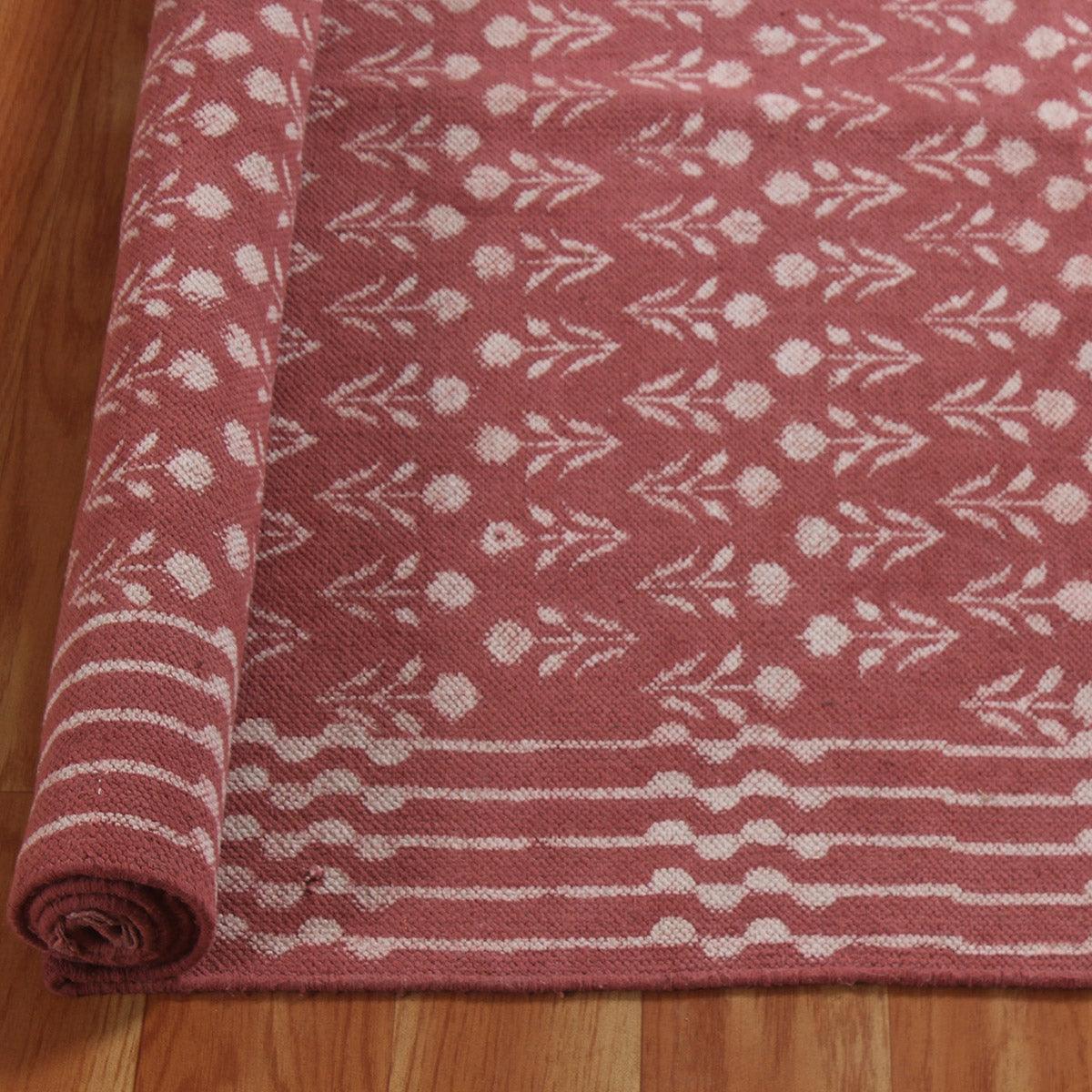 Bordered Hand Block Print Work Maroon Beige Dining Hall Cotton Rug - Indian Rug Store