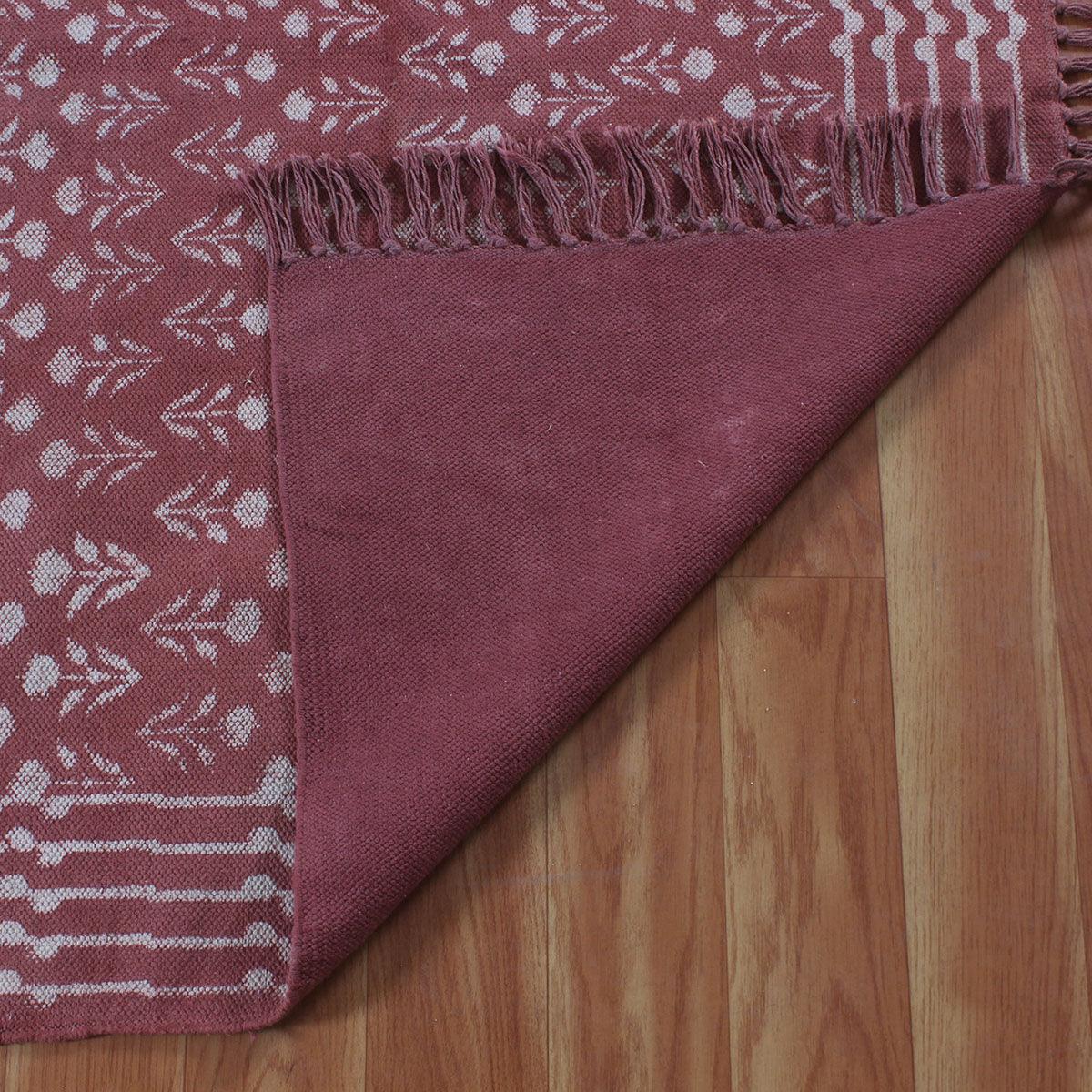 Bordered Hand Block Print Work Maroon Beige Dining Hall Cotton Rug - Indian Rug Store