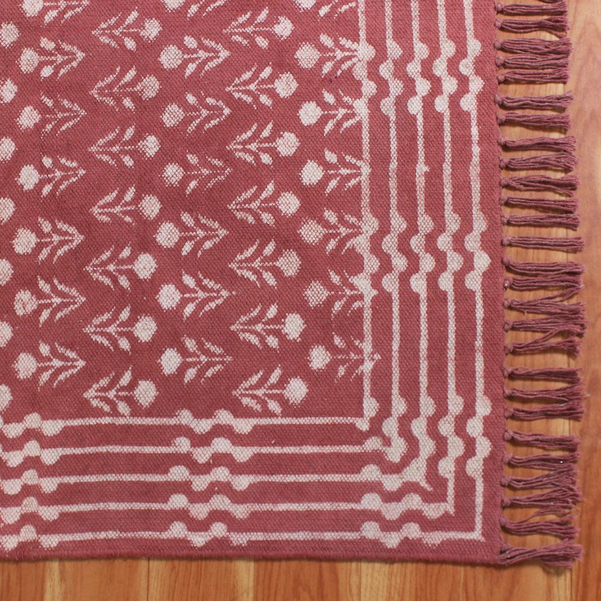 Bordered Hand Block Print Work Maroon Beige Dining Hall Cotton Rug - Indian Rug Store