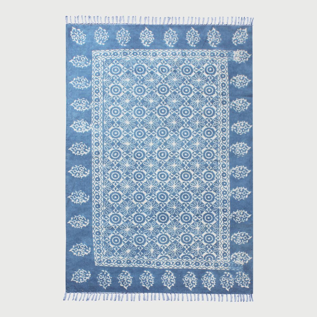 Blue Bordered Hand Block Print Work Dining Hall Cotton Rug - Indian Rug Store