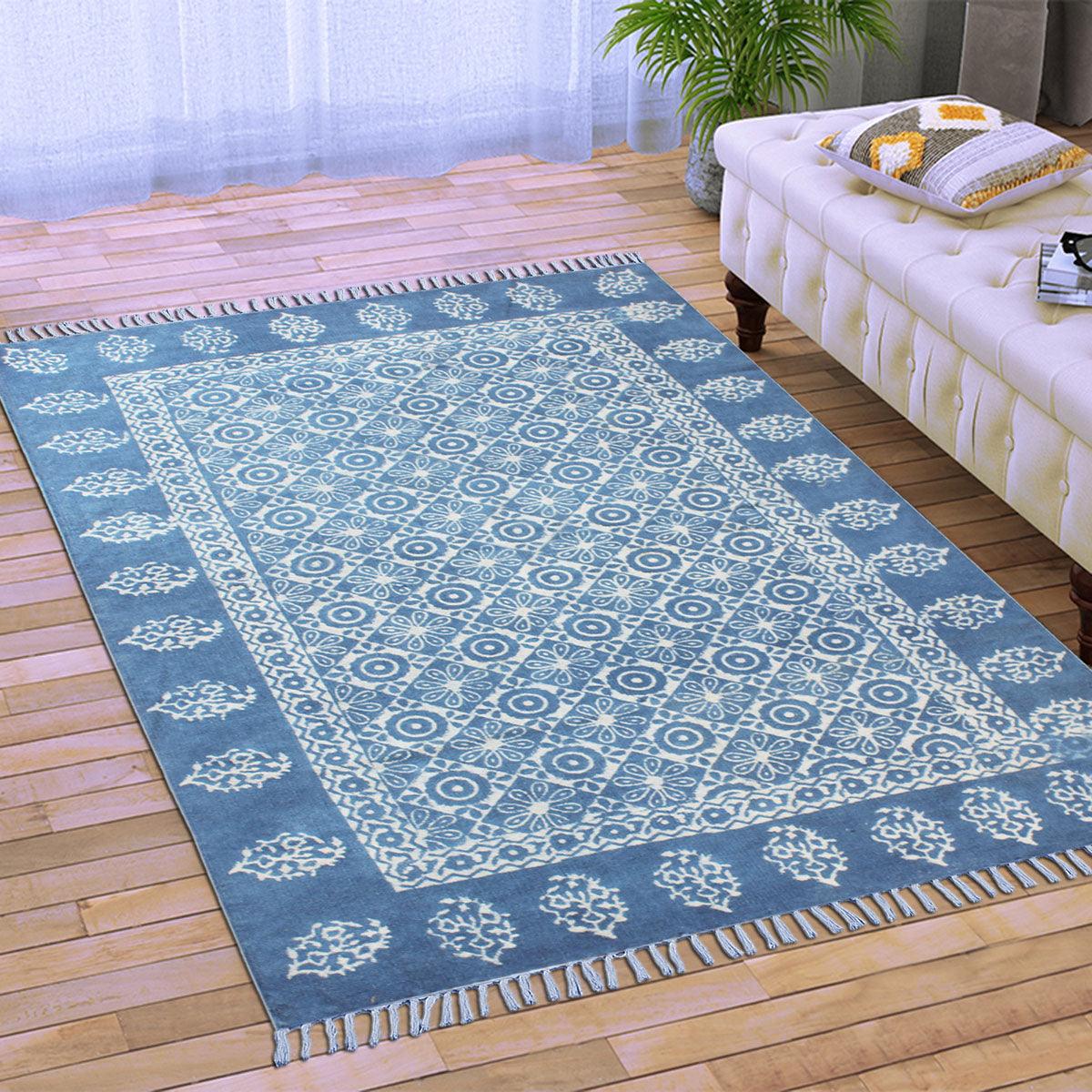 Blue Bordered Hand Block Print Work Dining Hall Cotton Rug - Indian Rug Store