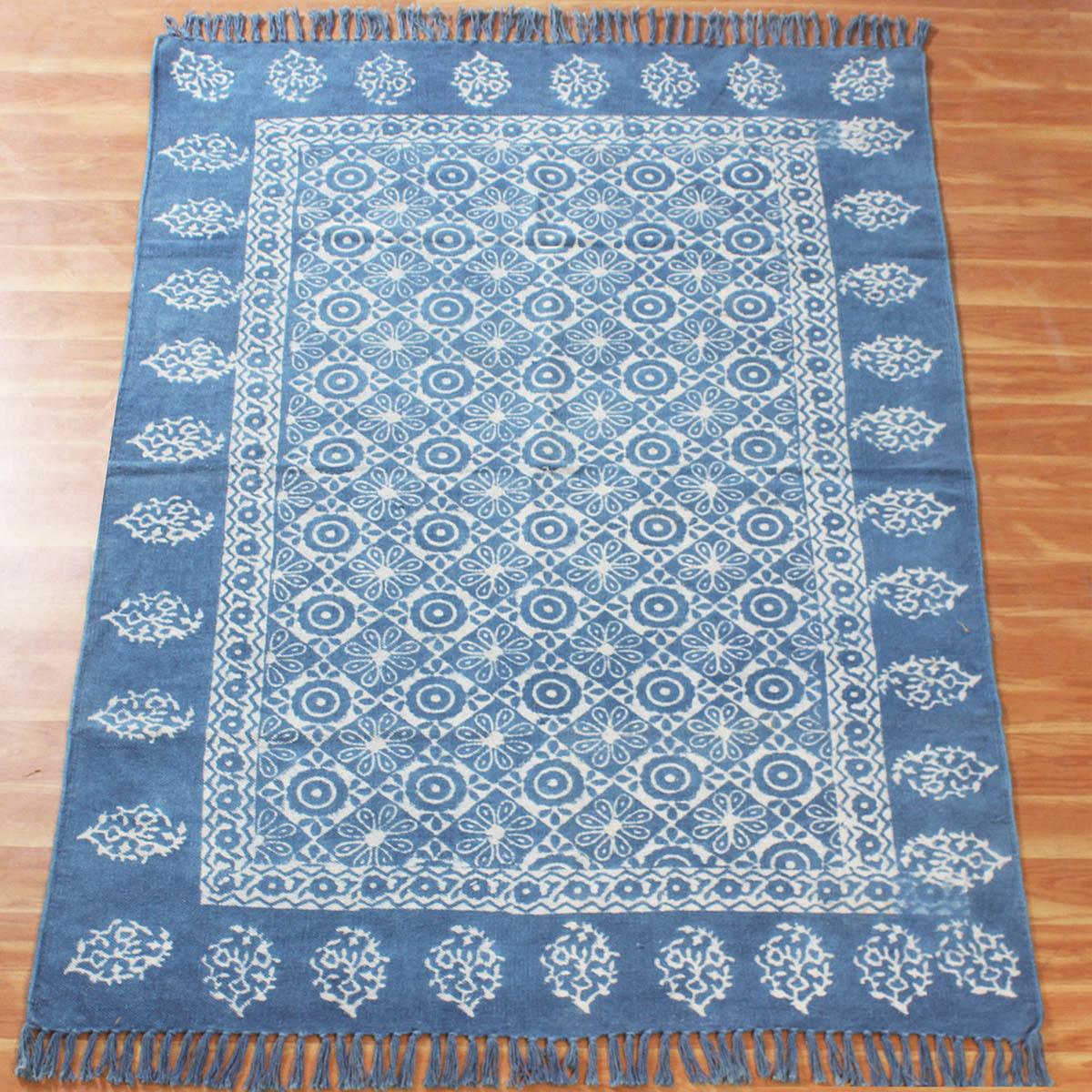 Blue Bordered Hand Block Print Work Dining Hall Cotton Rug - Indian Rug Store