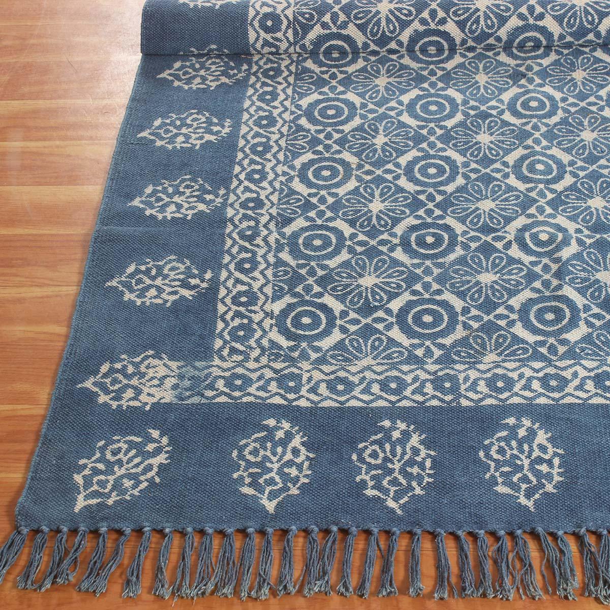 Blue Bordered Hand Block Print Work Dining Hall Cotton Rug - Indian Rug Store