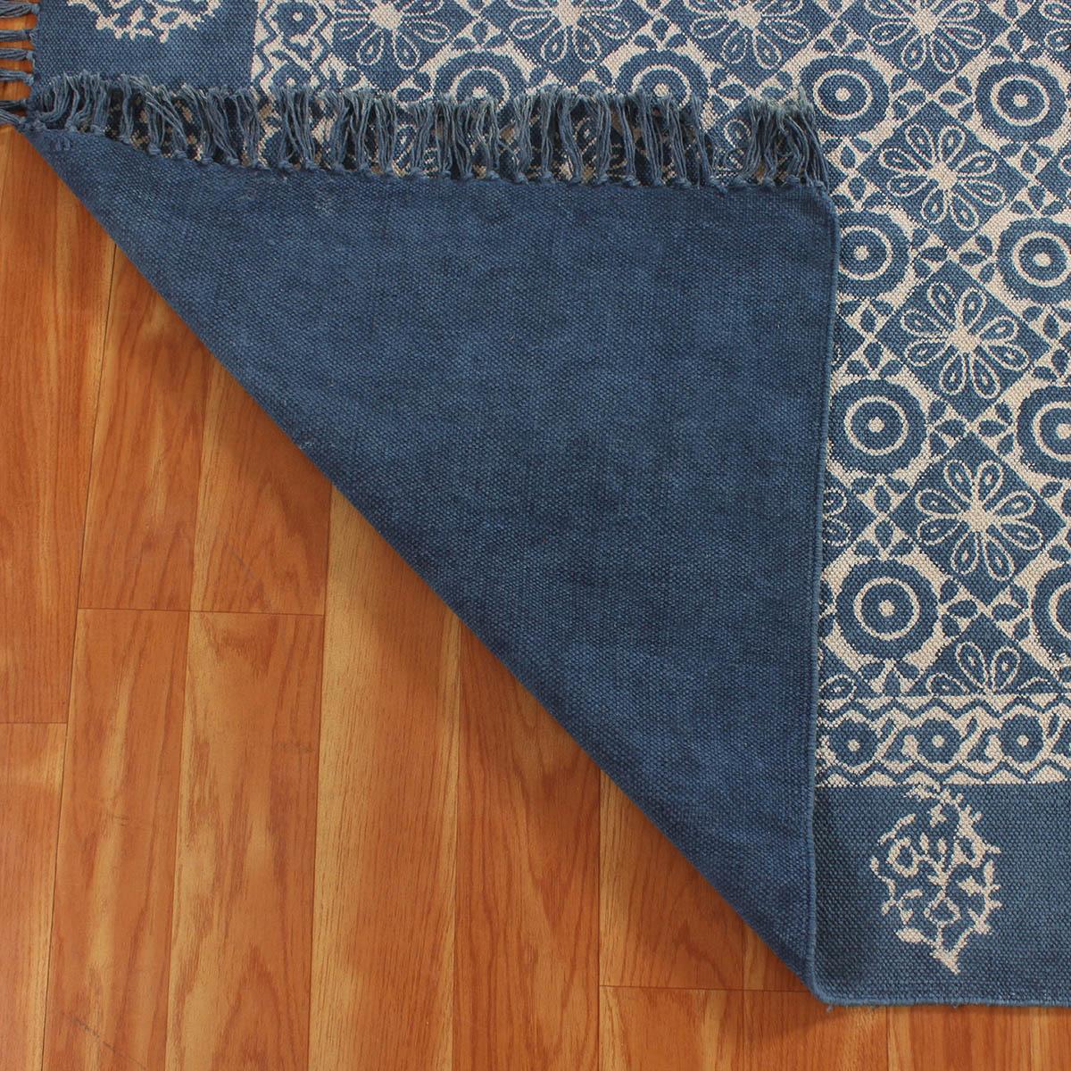 Blue Bordered Hand Block Print Work Dining Hall Cotton Rug - Indian Rug Store