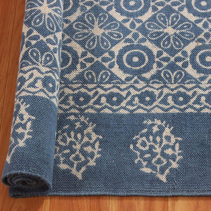 Blue Bordered Hand Block Print Work Dining Hall Cotton Rug - Indian Rug Store