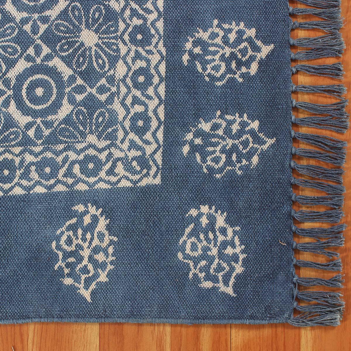 Blue Bordered Hand Block Print Work Dining Hall Cotton Rug - Indian Rug Store