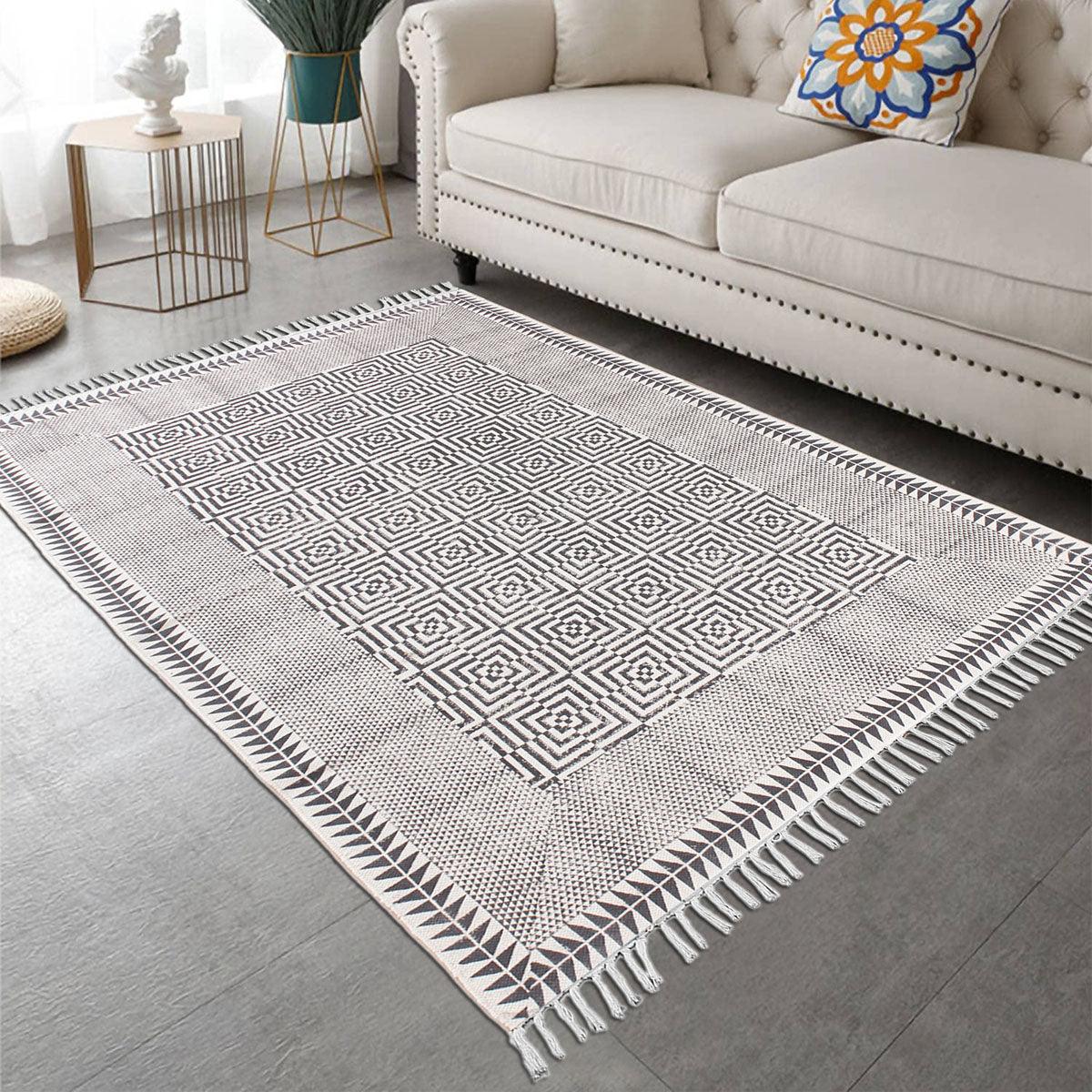 Geometric Hand Block Print Dining Hall Beige Black Cotton Rug - Indian Rug Store