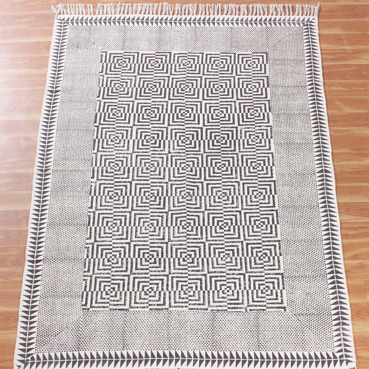 Geometric Hand Block Print Dining Hall Beige Black Cotton Rug - Indian Rug Store