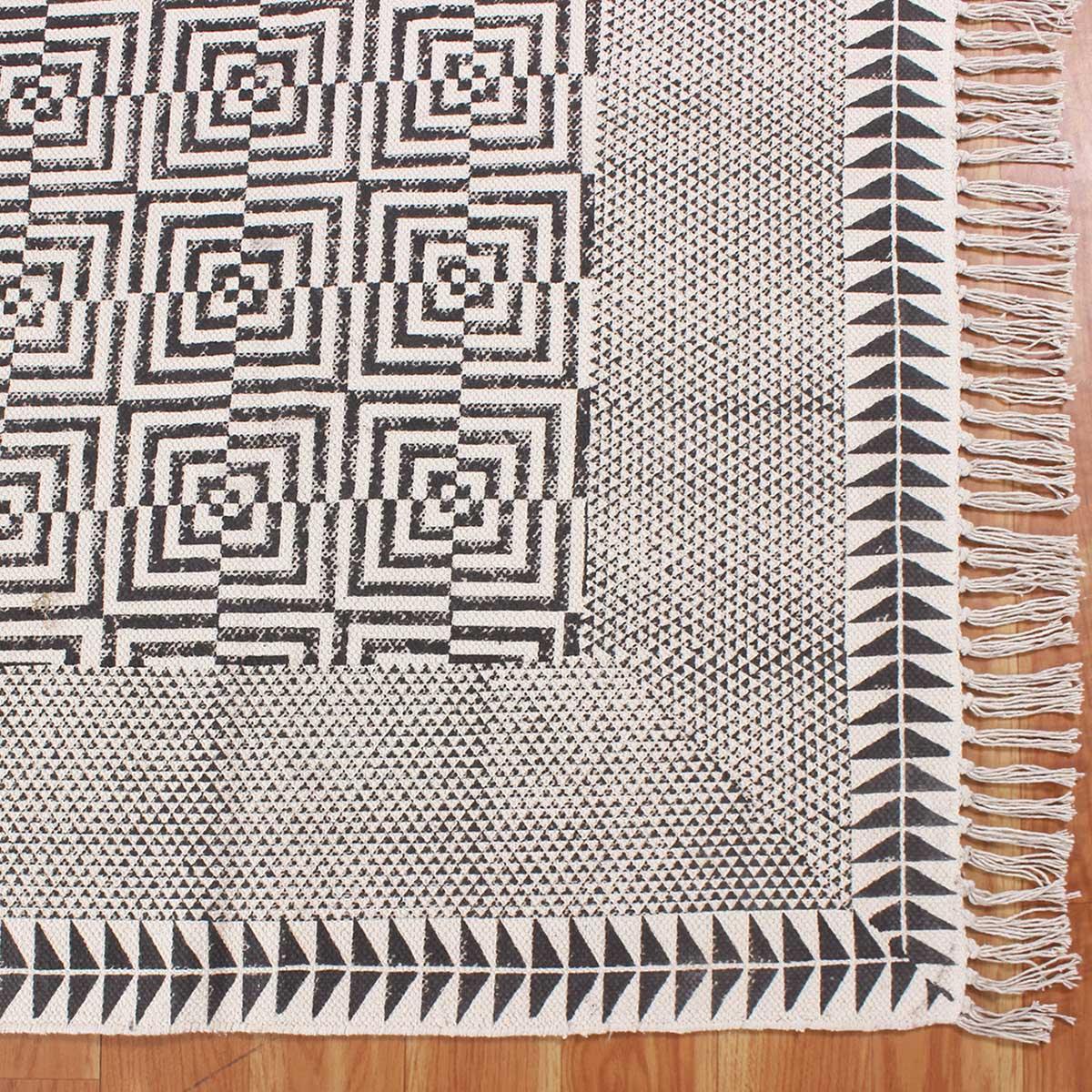 Geometric Hand Block Print Dining Hall Beige Black Cotton Rug - Indian Rug Store