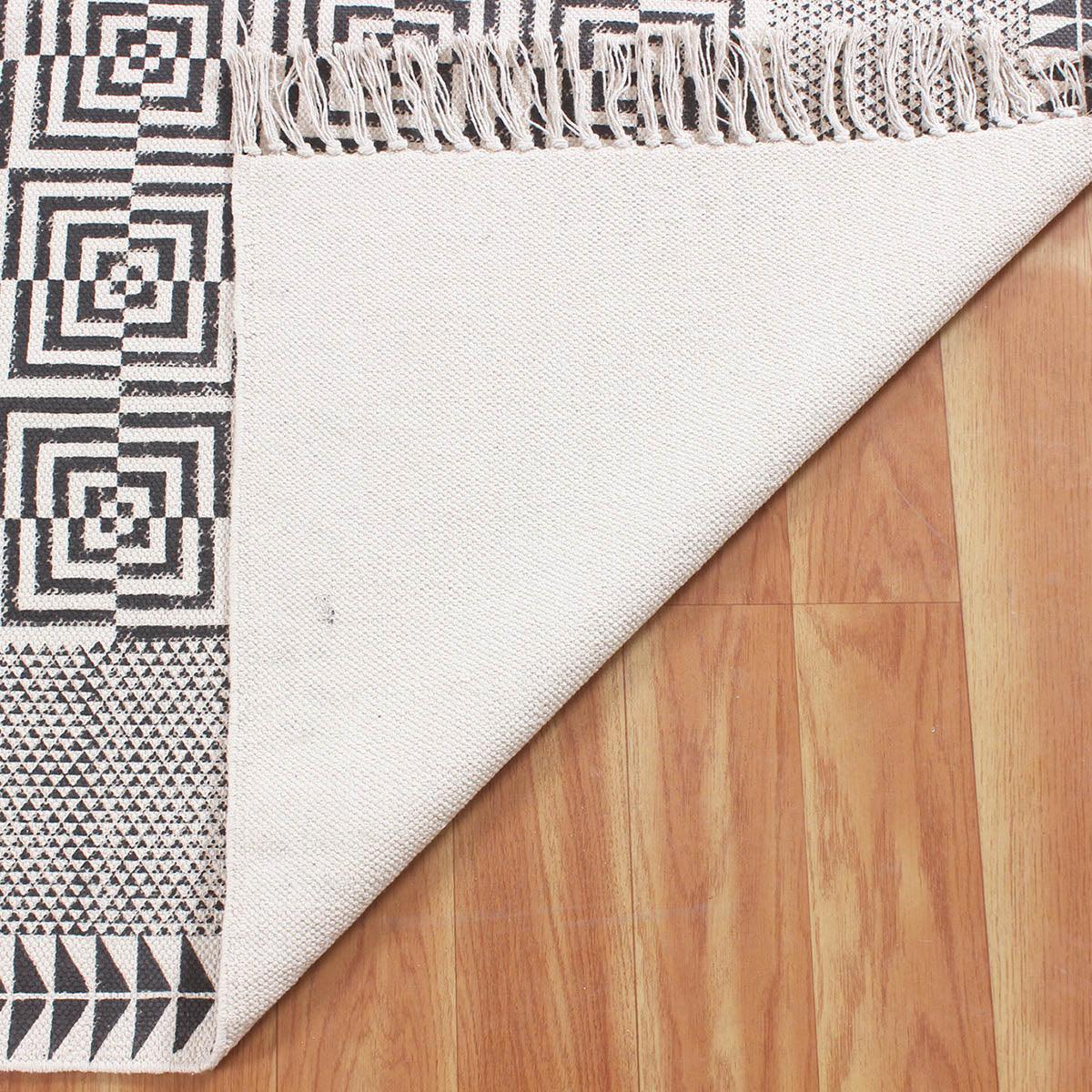 Geometric Hand Block Print Dining Hall Beige Black Cotton Rug - Indian Rug Store