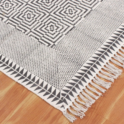 Geometric Hand Block Print Dining Hall Beige Black Cotton Rug - Indian Rug Store