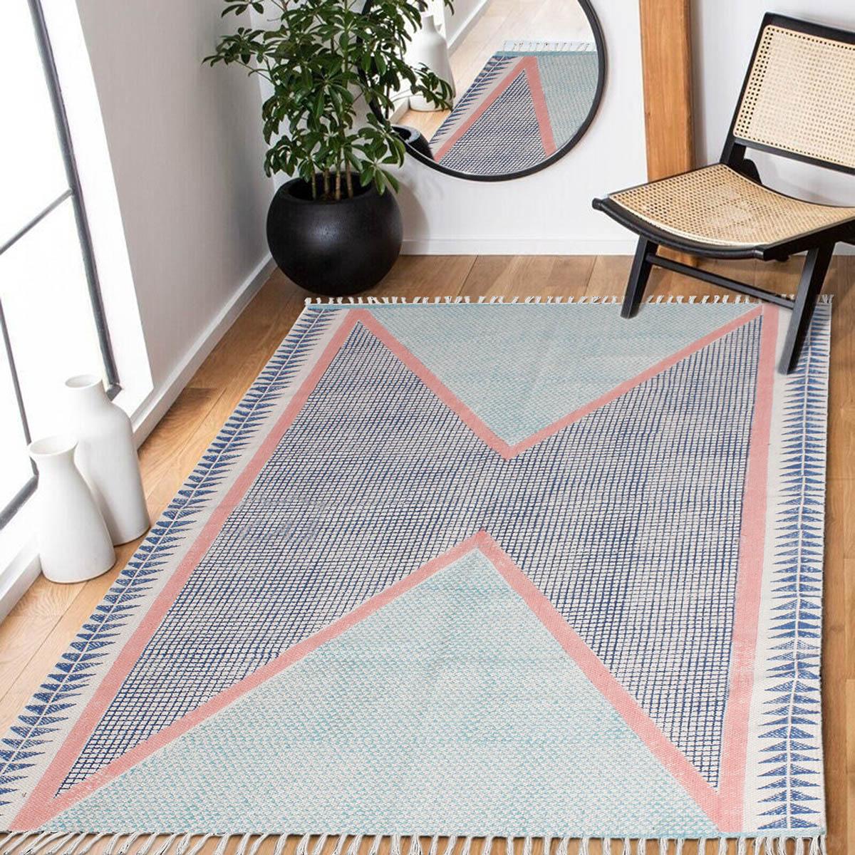 Geometric Hand Block Print Dining Hall Blue Cotton Rug - Indian Rug Store