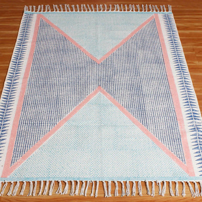 Geometric Hand Block Print Dining Hall Blue Cotton Rug - Indian Rug Store