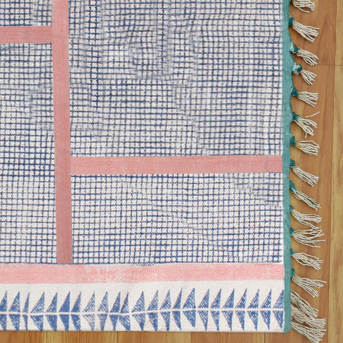 Trendy Thread Work Blue Pink Farm House Cotton Dhurries