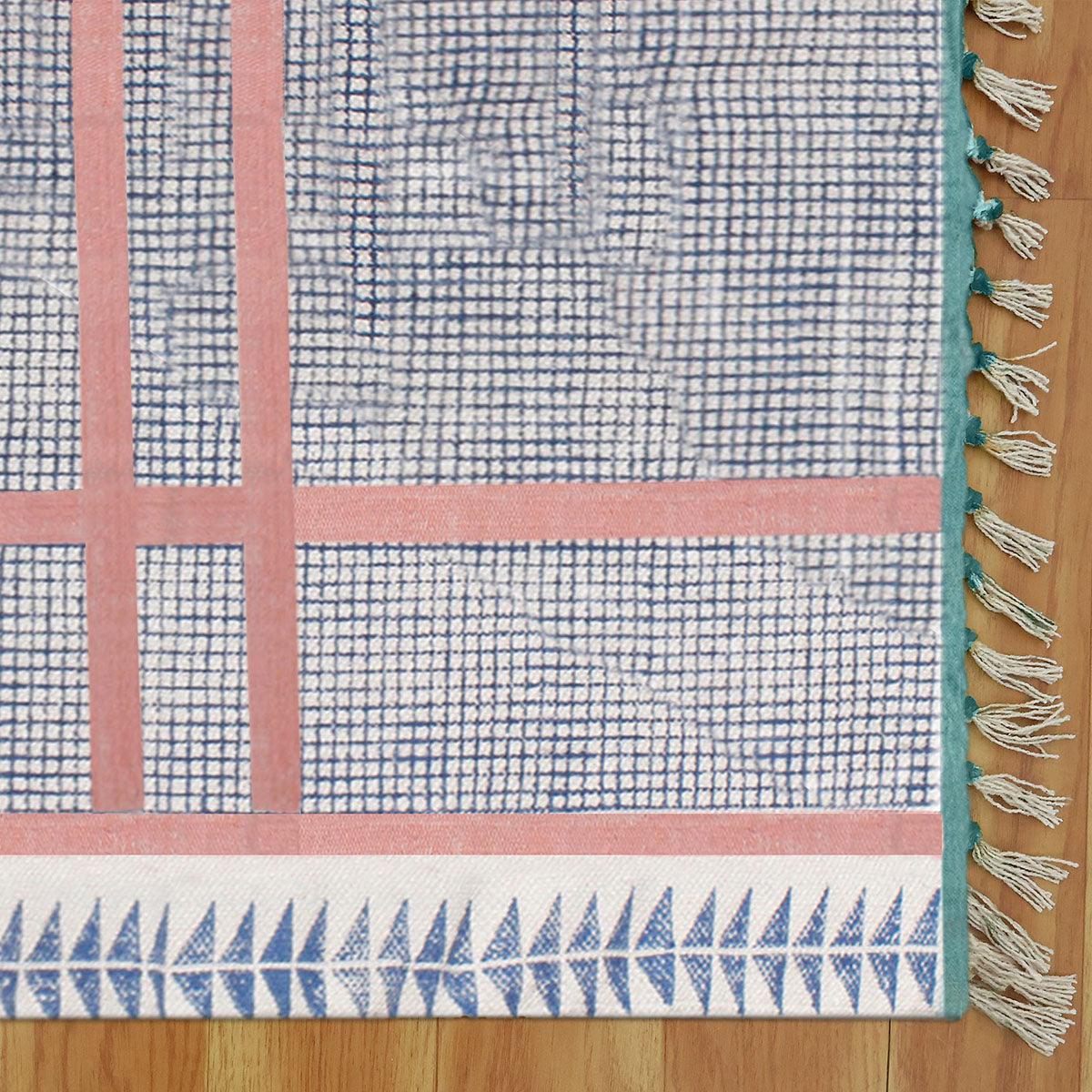 Traditiional Thread Work Blue Pink Sea House Cotton Dhurries