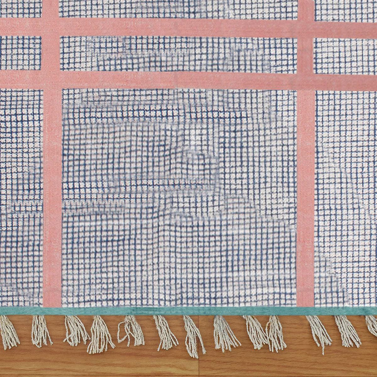 Traditiional Thread Work Blue Pink Sea House Cotton Dhurries