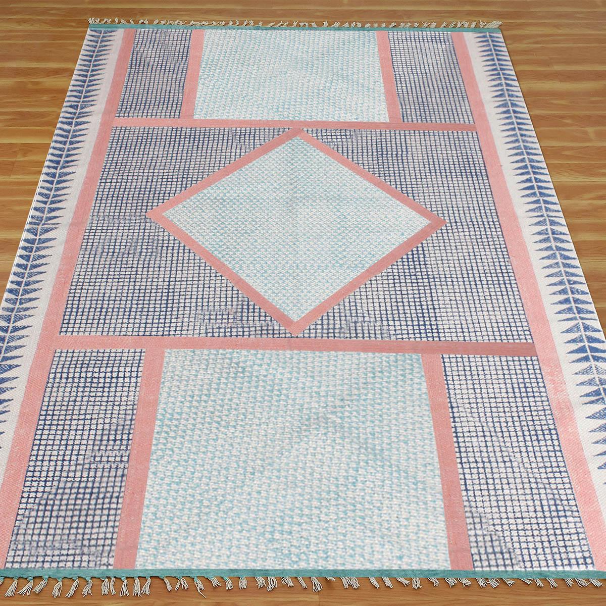 Oriental Thread Work Blue Pink Indoor Cotton Dhurries