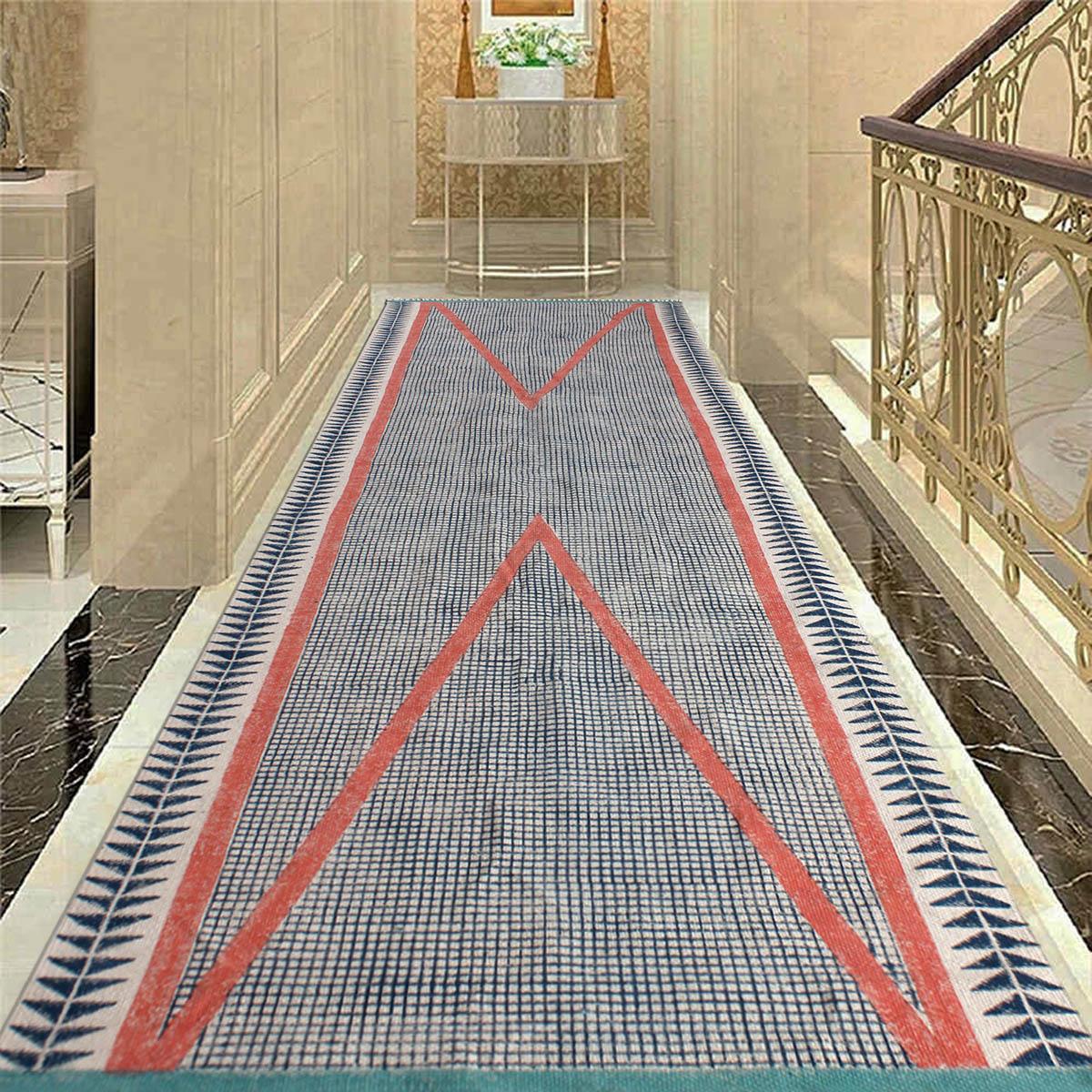 Geometric Hand Block Print Dining Hall Blue Pink Cotton Rug - Indian Rug Store