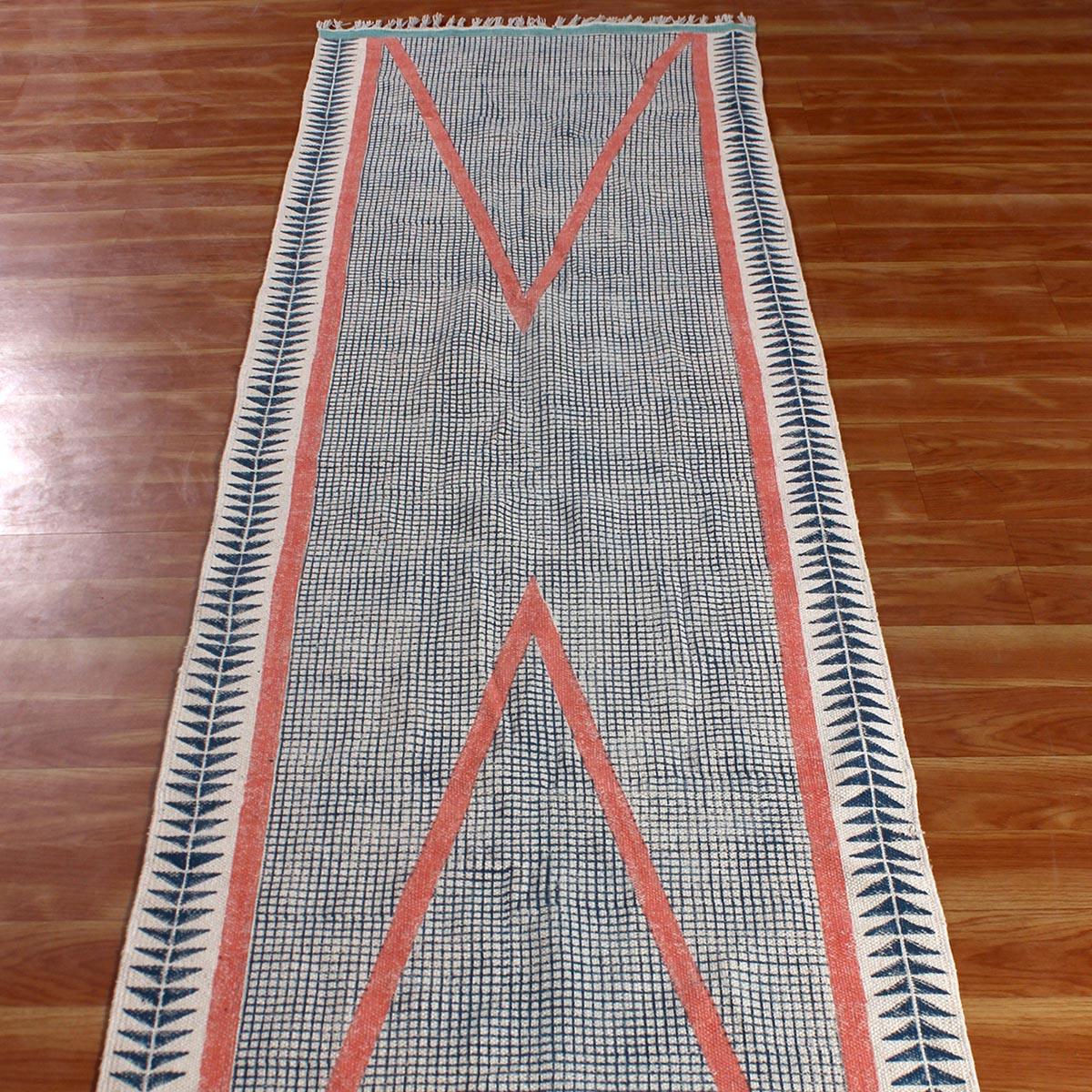 Geometric Hand Block Print Dining Hall Blue Pink Cotton Rug - Indian Rug Store