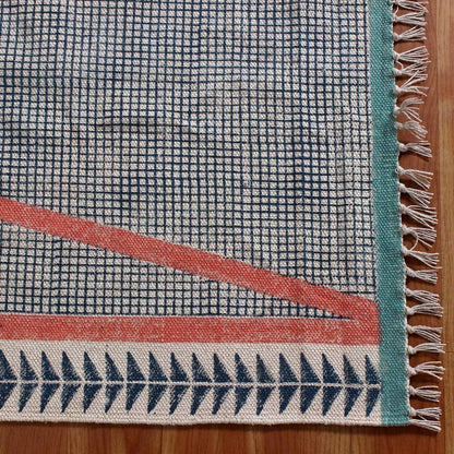 Geometric Hand Block Print Dining Hall Blue Pink Cotton Rug - Indian Rug Store