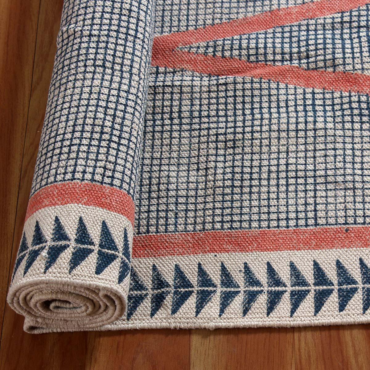 Geometric Hand Block Print Dining Hall Blue Pink Cotton Rug - Indian Rug Store