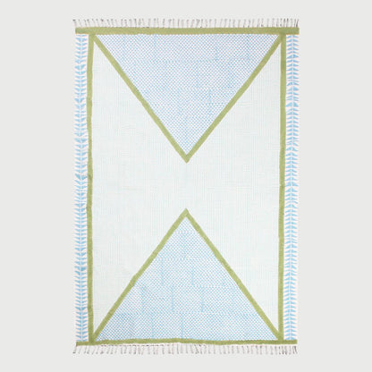 Geometric Hand Block Print Dining Hall Blue Green Cotton Rug - Indian Rug Store