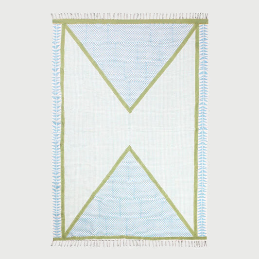 Geometric Hand Block Print Dining Hall Blue Green Cotton Rug - Indian Rug Store