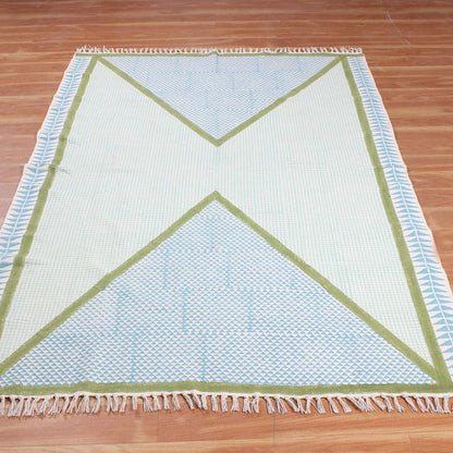 Geometric Hand Block Print Dining Hall Blue Green Cotton Rug - Indian Rug Store