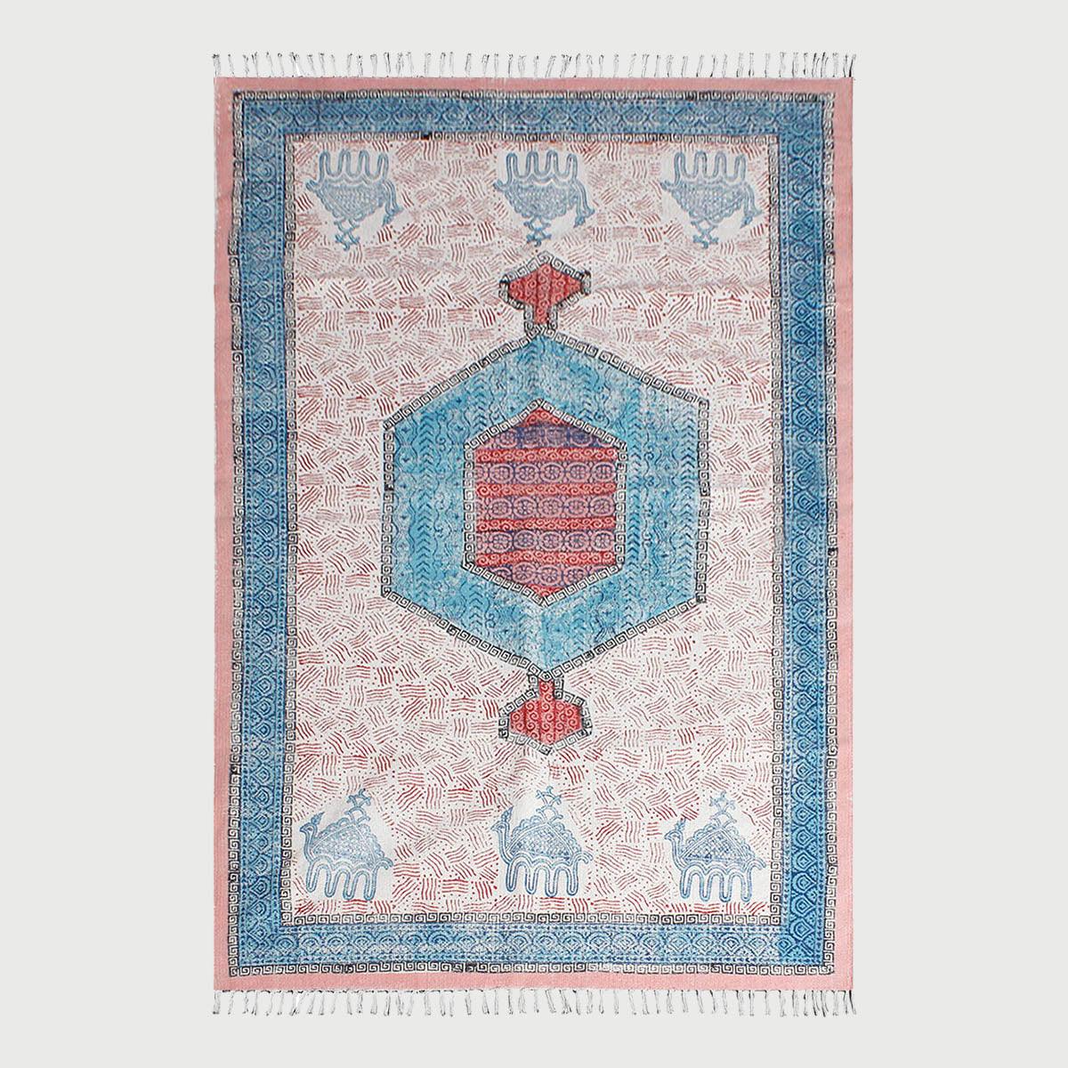 Bordered Hand Block Print Dining Hall Blue Pink Cotton Rug - Indian Rug Store