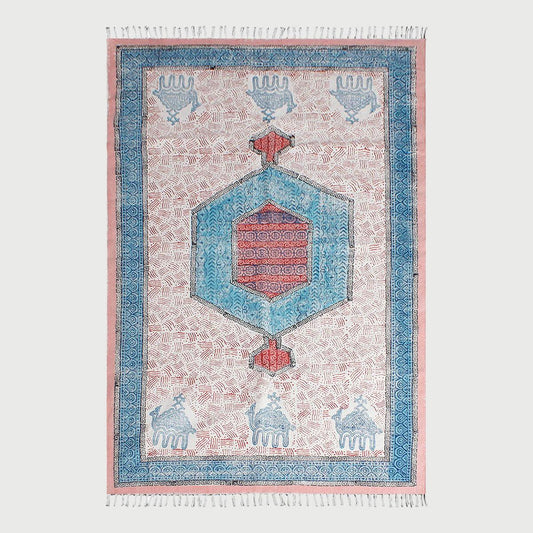 Bordered Hand Block Print Dining Hall Blue Pink Cotton Rug - Indian Rug Store