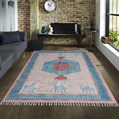 Bordered Hand Block Print Dining Hall Blue Pink Cotton Rug - Indian Rug Store