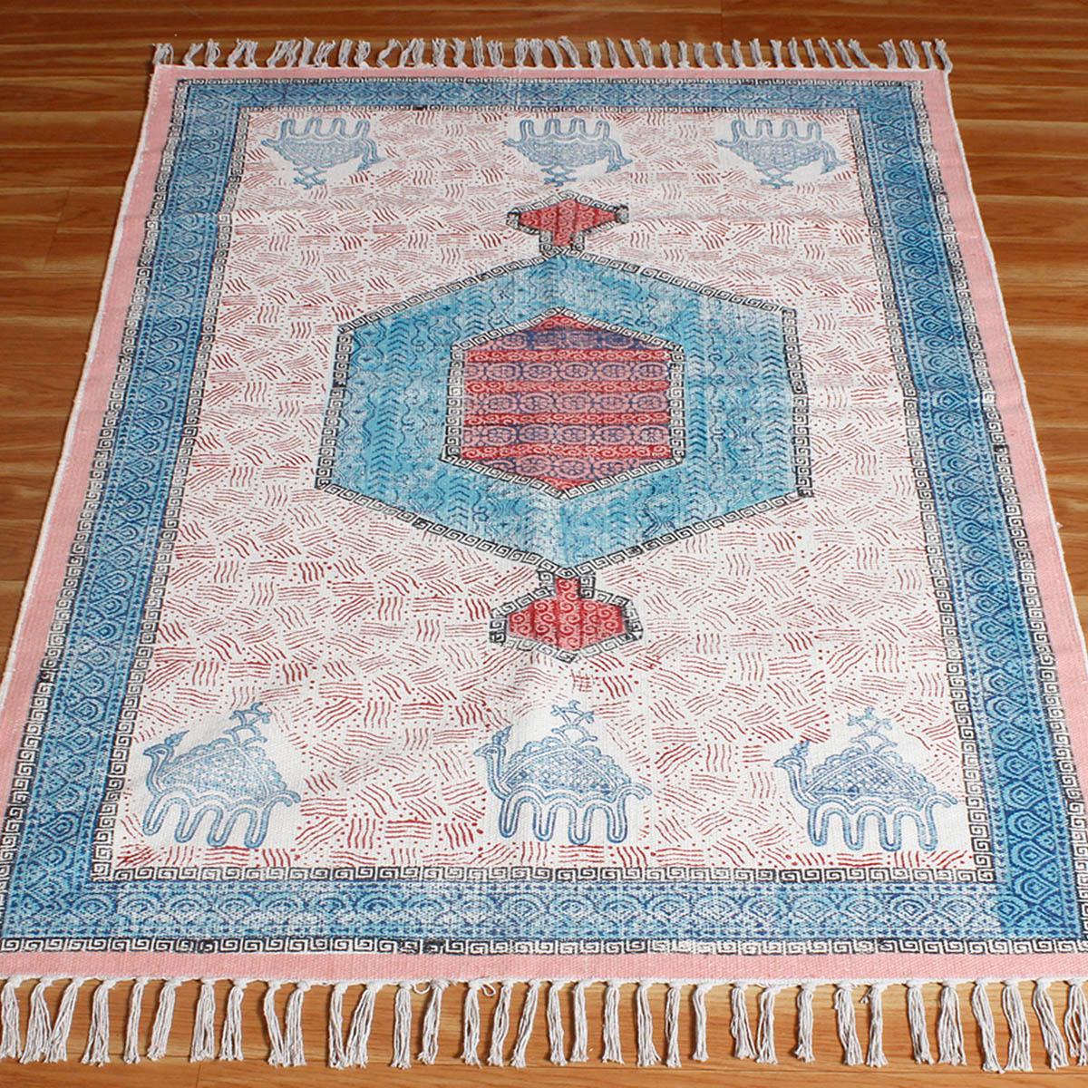 Bordered Hand Block Print Dining Hall Blue Pink Cotton Rug - Indian Rug Store