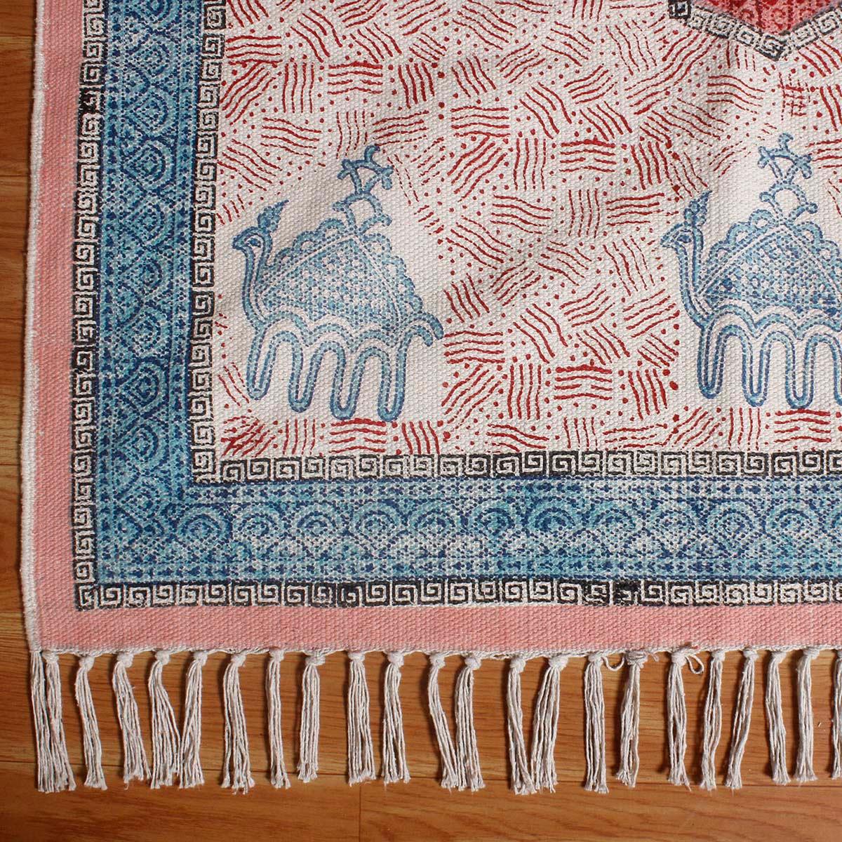 Bordered Hand Block Print Dining Hall Blue Pink Cotton Rug - Indian Rug Store