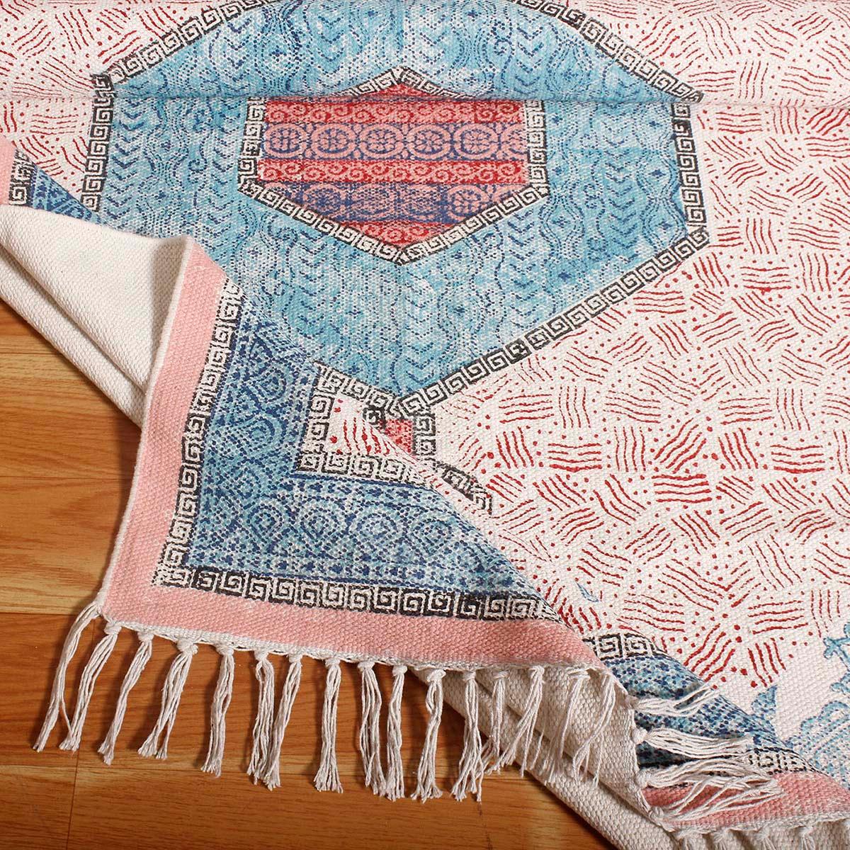 Bordered Hand Block Print Dining Hall Blue Pink Cotton Rug - Indian Rug Store